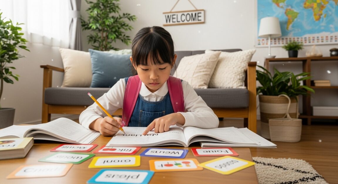 英語学習をする小学生