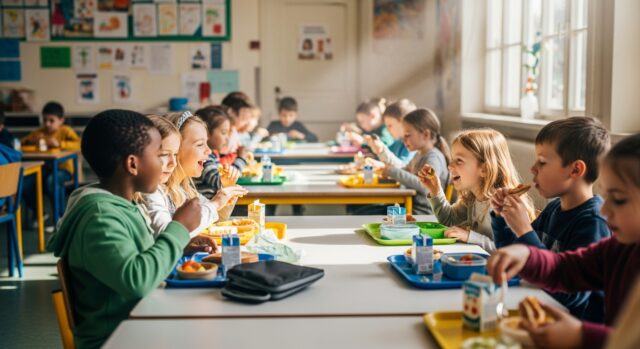 小学生が英語で会話しながら食事をしているところ