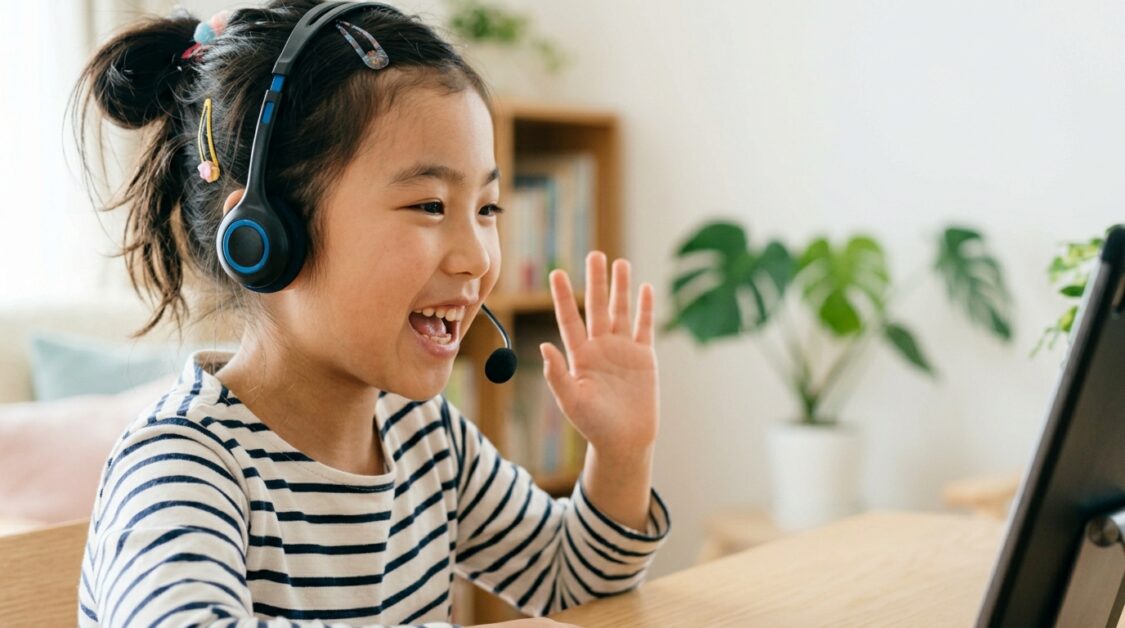 ヘッドセットを着けてタブレットでオンライン英会話レッスンを受け、笑顔で手を振る女の子